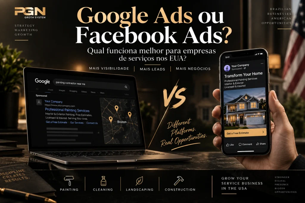 Se você tem uma empresa de pintura, construção, limpeza, landscaping ou outro serviço local nos Estados Unidos, provavelmente já se perguntou: Google Ads ou Facebook Ads: onde vale mais a pena investir?