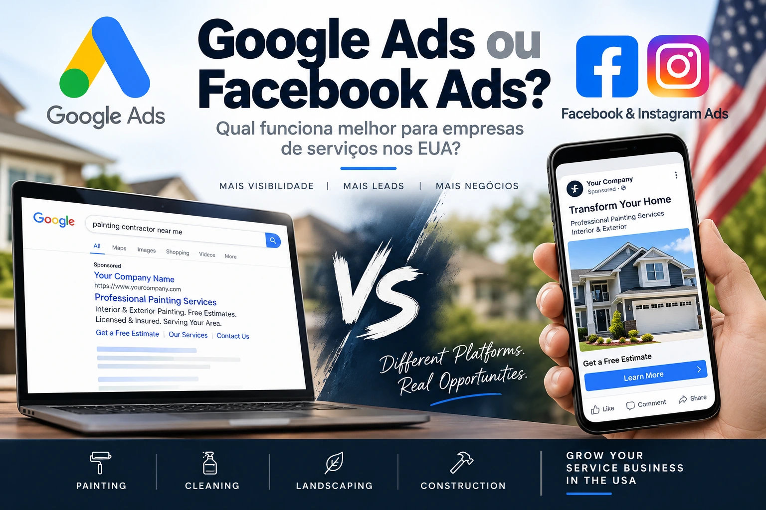 Google Ads ou Facebook Ads para empresas de serviços nos Estados Unidos
